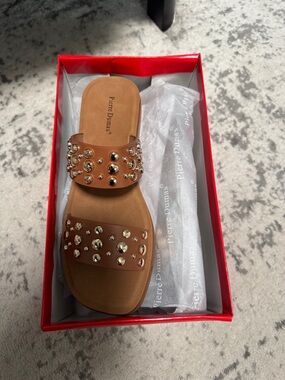 Pierre Dumas Brown Double-Strap Studded Slide Sandal